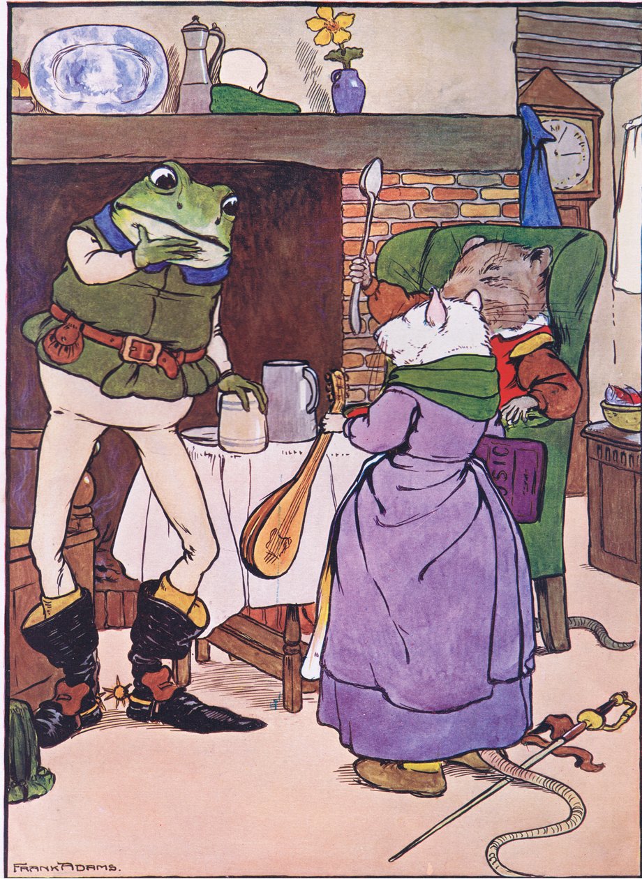 Reze para que a Mistress Mouse nos dê uma música, ilustração de "The Frog would a Wooing Go", de Charles H. Bennett, 1916 de Frank Adams