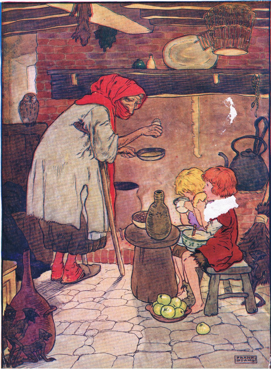 Ela os conduziu e deu-lhes um belo jantar, de Hansel e Gretel, publicado pela Blackie & Son Limited, c.1940 de Frank Adams
