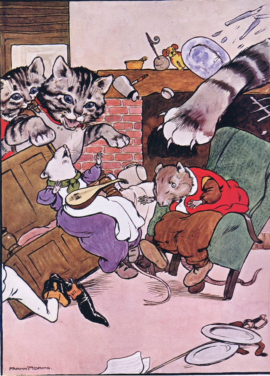 A gata e seus gatinhos entraram em cena, ilustração de "The Frog would a Wooing Go", de Charles H. Bennett, 1916 de Frank Adams