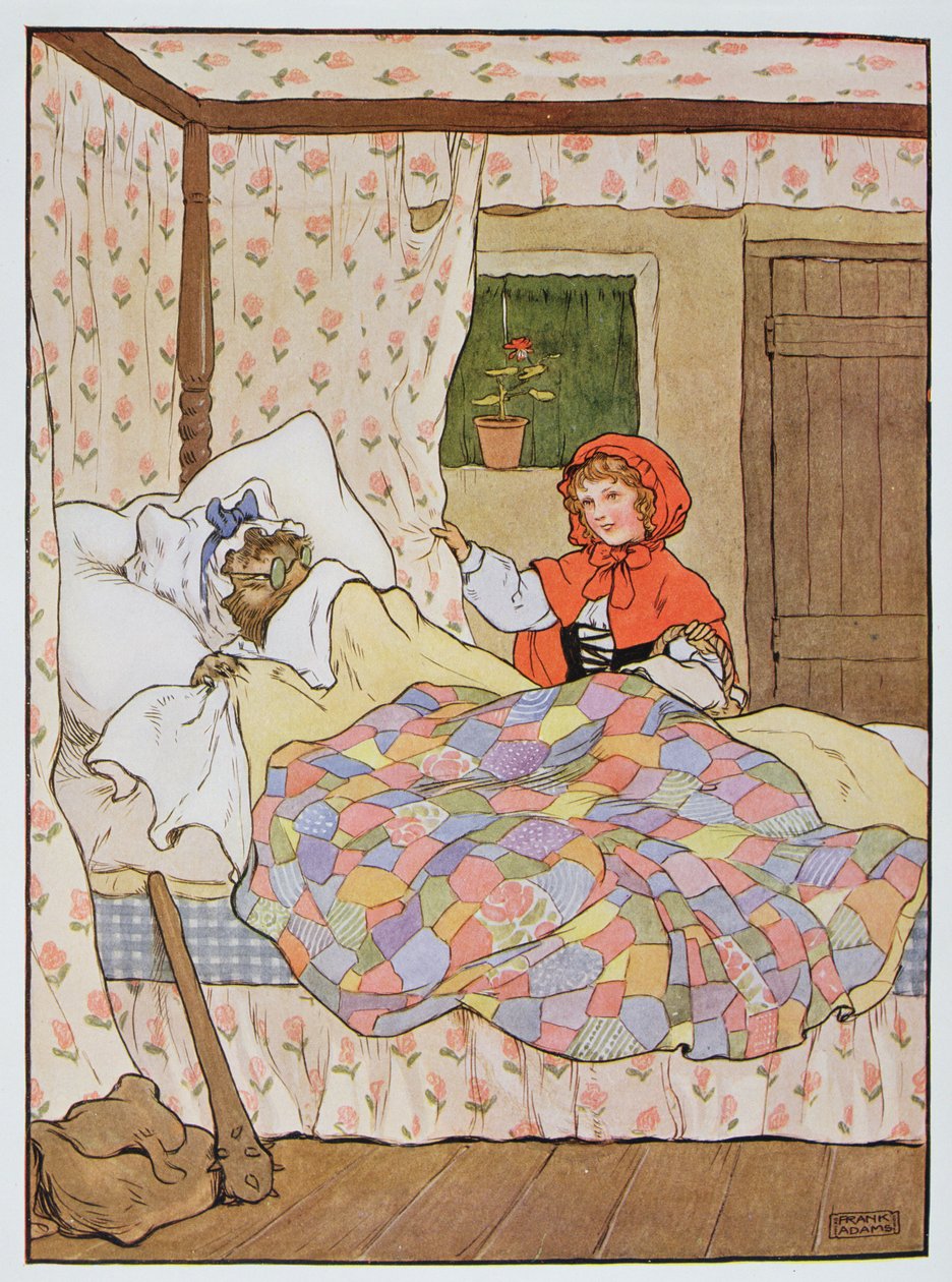 O Lobo disfarçado de avó do Chapeuzinho Vermelho, ilustração de "O Belo Livro de Rimas Infantis, Histórias e Imagens", de Frank Adams, publicado por Blackie und Son de Frank Adams