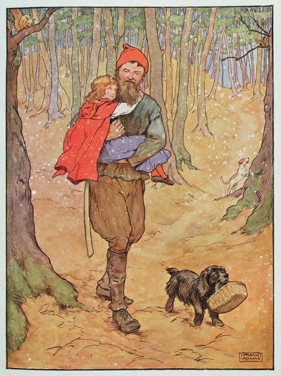 O lenhador carrega Chapeuzinho Vermelho em casa, ilustração de "O belo livro de rimas, histórias e fotos", de Frank Adams, publicado por Blackie und Son de Frank Adams
