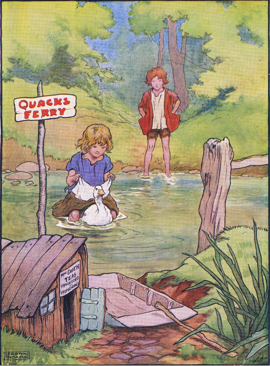 O pato levou-os mais de uma vez em suas costas, de Hansel e Gretel, publicado pela Blackie & Son Limited, c.1940 de Frank Adams