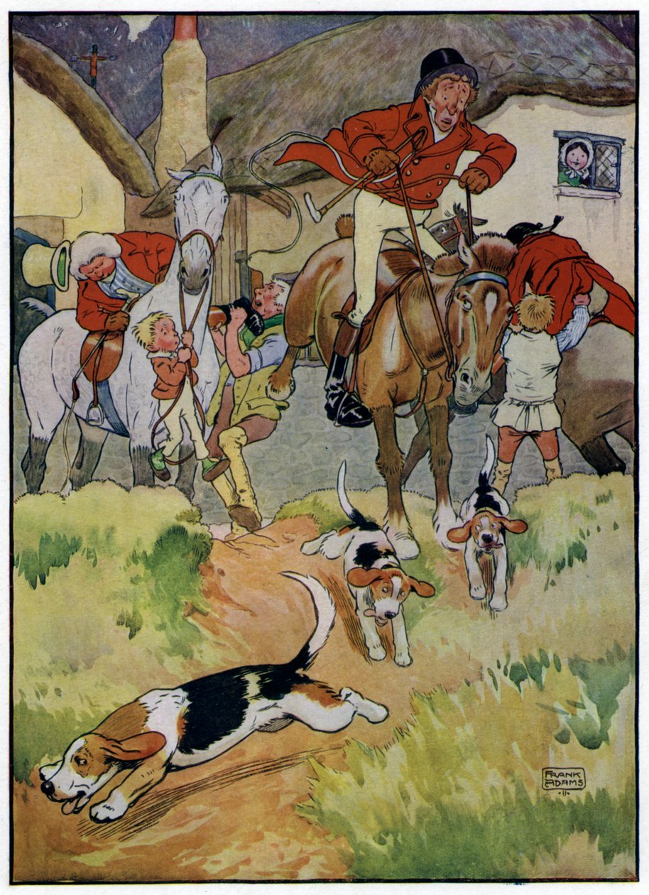 Os Três Alegres Caçadores (litografia a cores) de Frank Adams