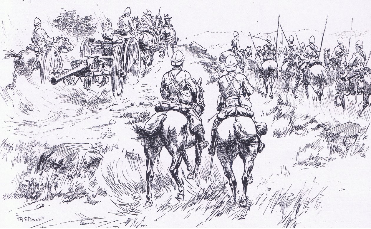 Cavalaria de Bullers e artilharia avançando em Bergendal, ilustração deApós Pretória: A Guerra de Guerrilha, 1902 de Frank Algenon Stewart