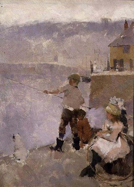 A pesca no cais de Frank Bramley