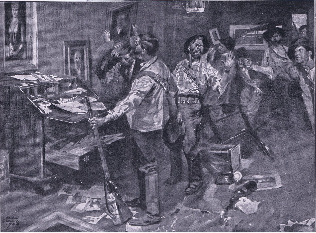 Respeitado até mesmo pelos inimigos: um incidente de um ataque aos bôeres em Natal, ilustração de After Pretoria: The Guerilla War, 1902 de Frank Craig