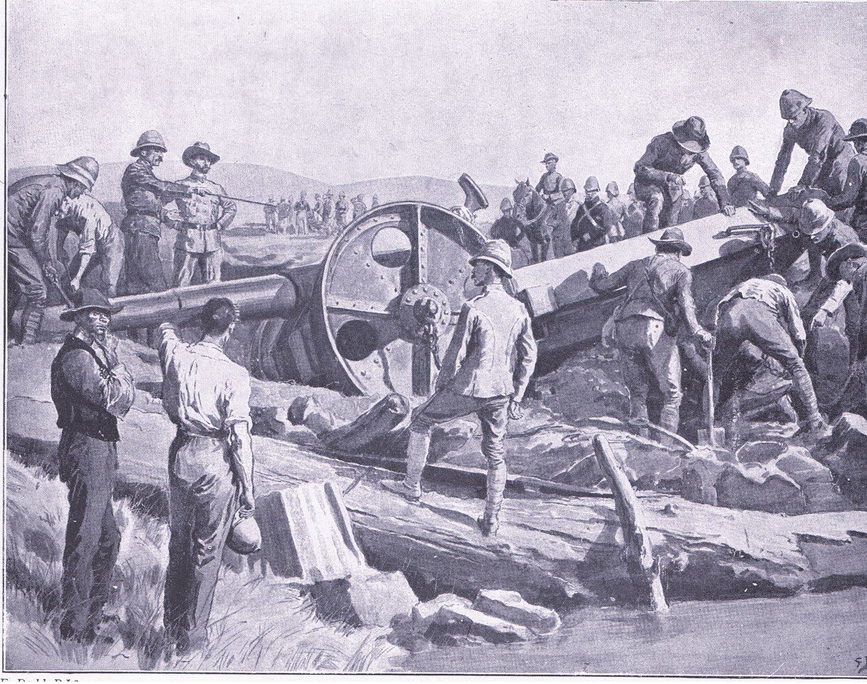 Colocando uma arma em um lugar desagradável, ilustração de After Pretoria: The Guerilla War, 1902 de Frank Dadd