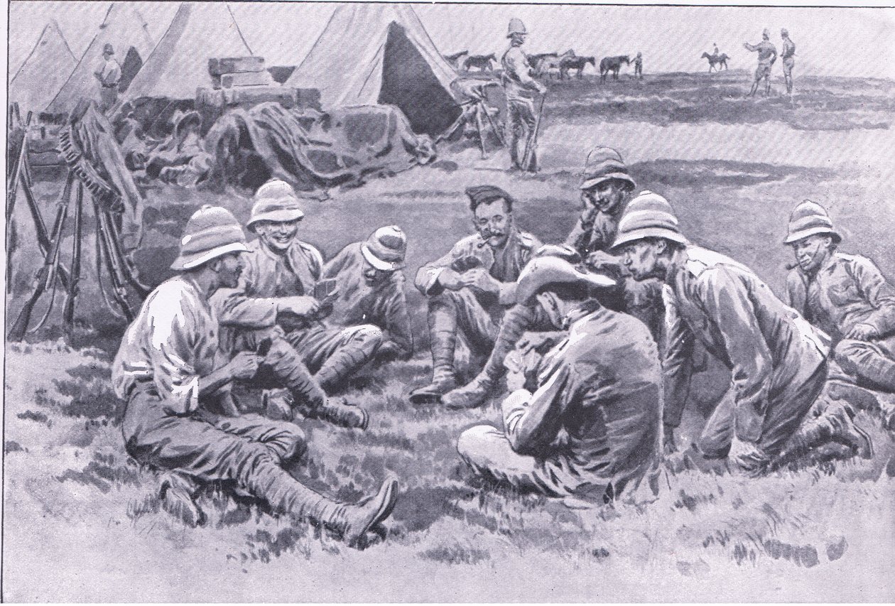 Soldados cansados curtindo um descanso, de After Pretoria: The Guerilla War publicado por Harmsworth Bros Limited, 1901 de Frank Dadd