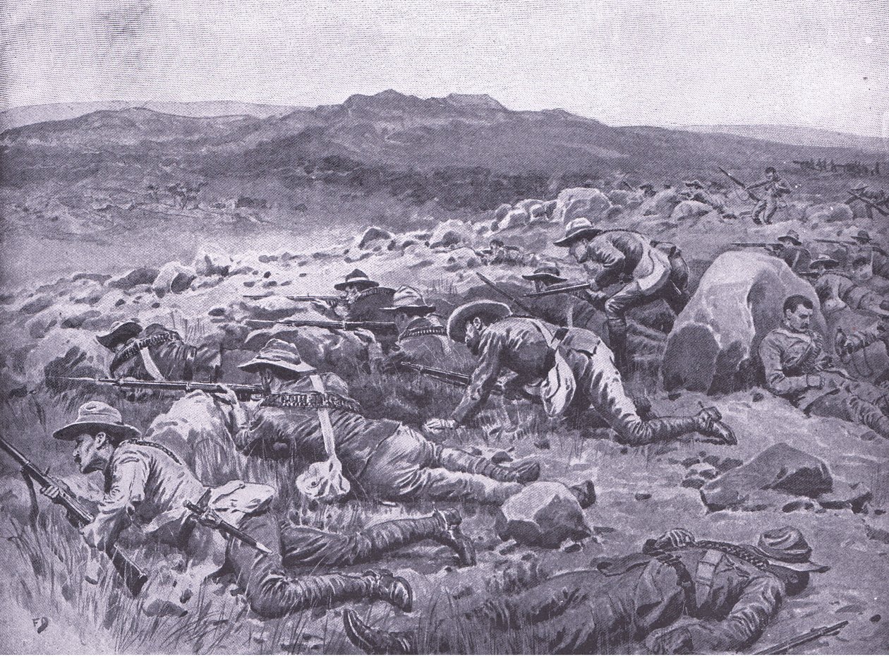 Com os bosquímanos imperiais de Queensland em Rhenoster Kop, 29 de novembro de 1900, ilustração deApter Pretoria: The Guerilla War, 1902 de Frank Dadd