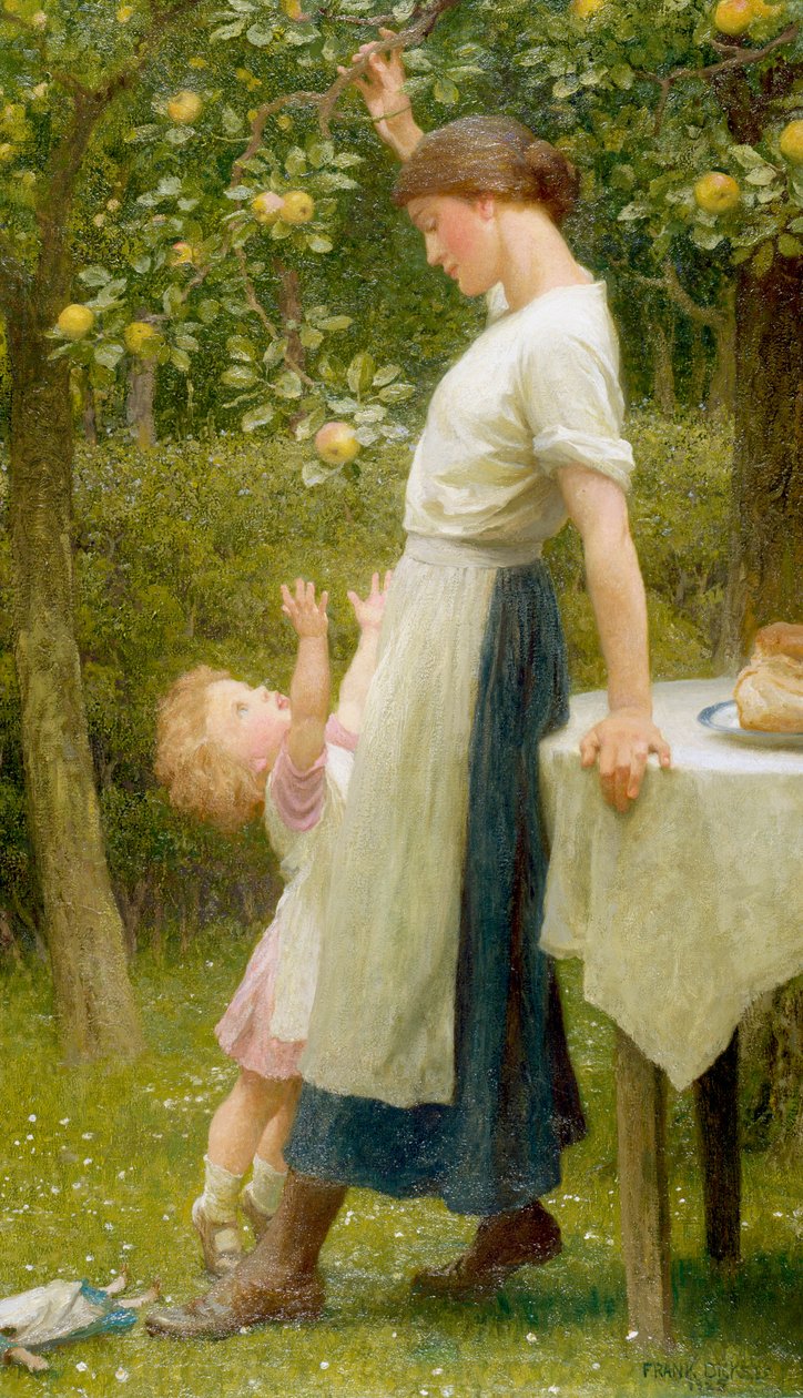 "Filhas de Eva Uma menina tenta apanhar uma maçã num ramo. Aguarela de Frank Dicksee (1853-1928) 1925 Coleção particular de Frank Dicksee