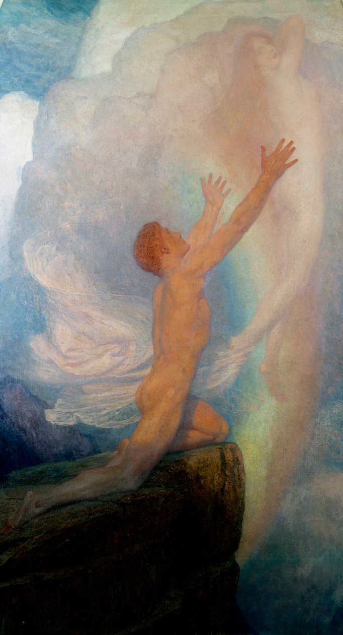 "Em Busca da Verdade" é uma representação alegórica da busca da verdade, com um homem no topo de uma montanha a tentar capturar uma figura feminina evanescente. Pintura de Frank Dicksee (1853-1928) (pré-rafaelita) de Frank Dicksee