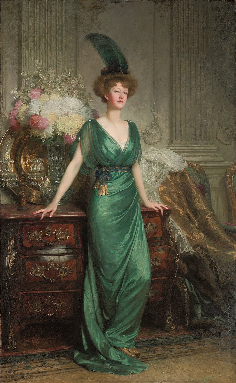 Retrato do Exmo. Sra. Ernest Guinness, de pé, usando um vestido esmeralda e penas, 1912 de Frank Dicksee