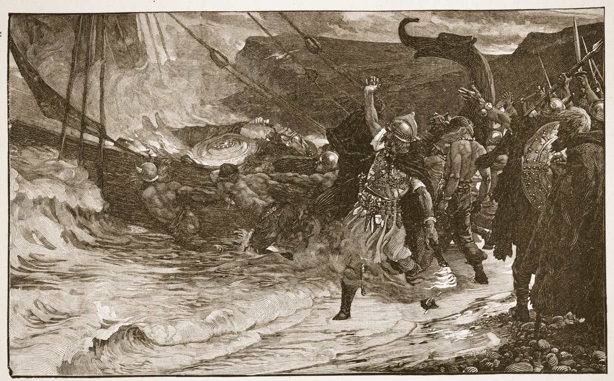 O Funeral de um Viking, ilustração de "A Igreja da Inglaterra: Uma História para o Povo" por HDM Spence-Jones, pub. c.1910 (foto sépia) de Frank Dicksee