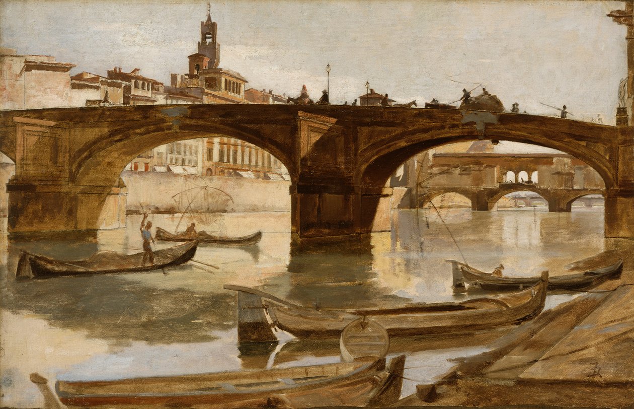 As pontes: Florença, c.1880 (óleo sobre tela montado em cartão laminado) de Frank Duveneck