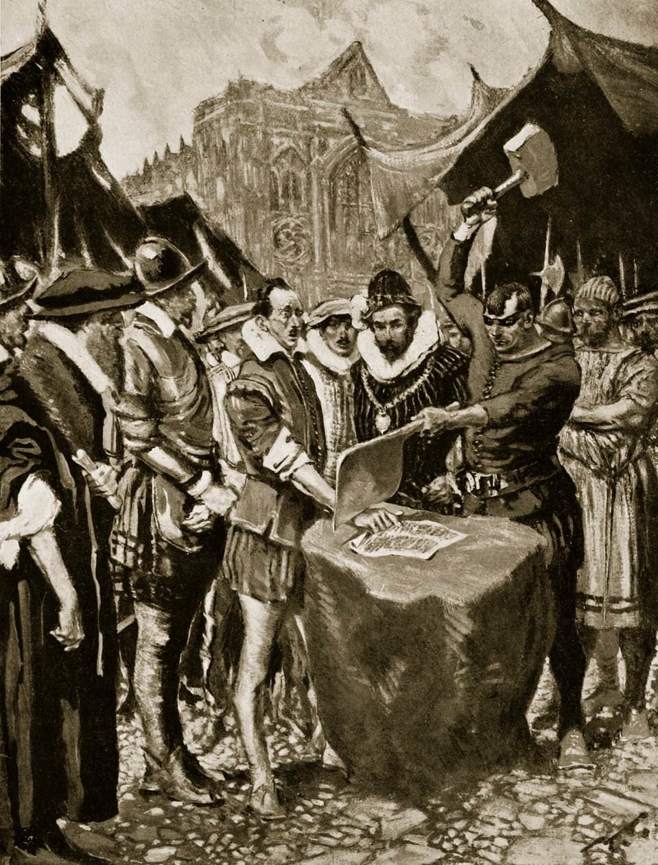 Stubbs tem sua mão cortada, ilustração de 1521, da "História da Nação Britânica" de Hutchinson, c.1923 de Frank Gillett