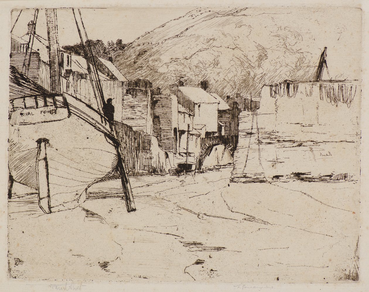Polperro Harbour com Ponte (gravura) de Frank and Goulding Frederick Short