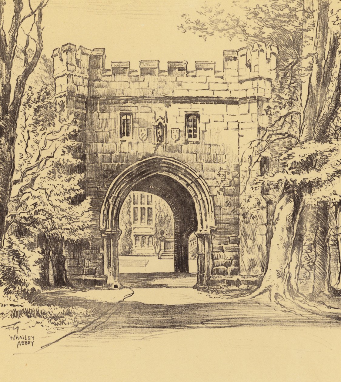 Abadia de Whalley, Porta de Entrada do Nordeste (litografia) de Frank Greenwood