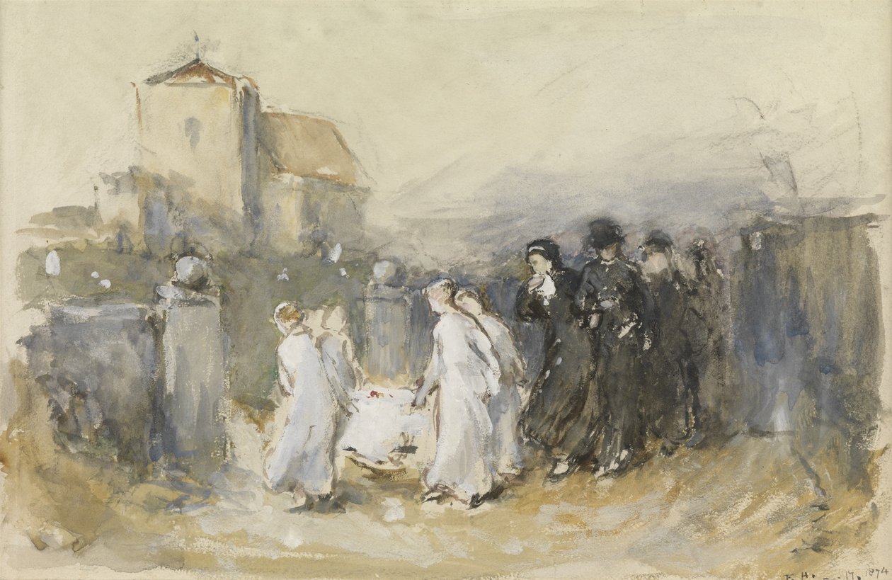 Estudo para seu primeiro nascido, Horsham Churchyard (Funeral do primeiro nascido), 1874 (wc no papel) de Frank Holl
