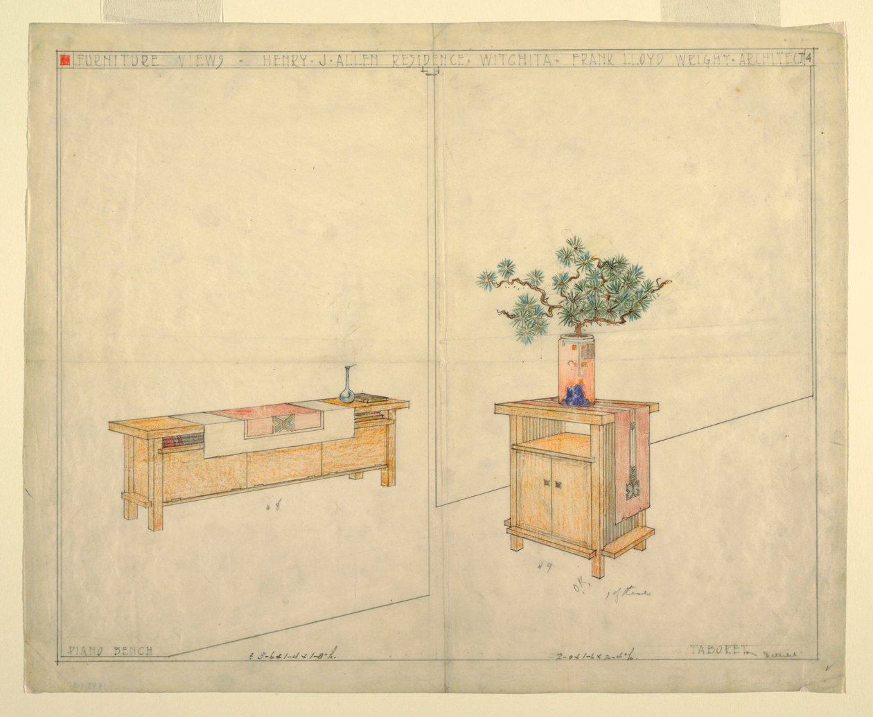 Banco de Piano e Taboret, Residência Henry J. Allen, Wichita, KS de Frank Lloyd Wright
