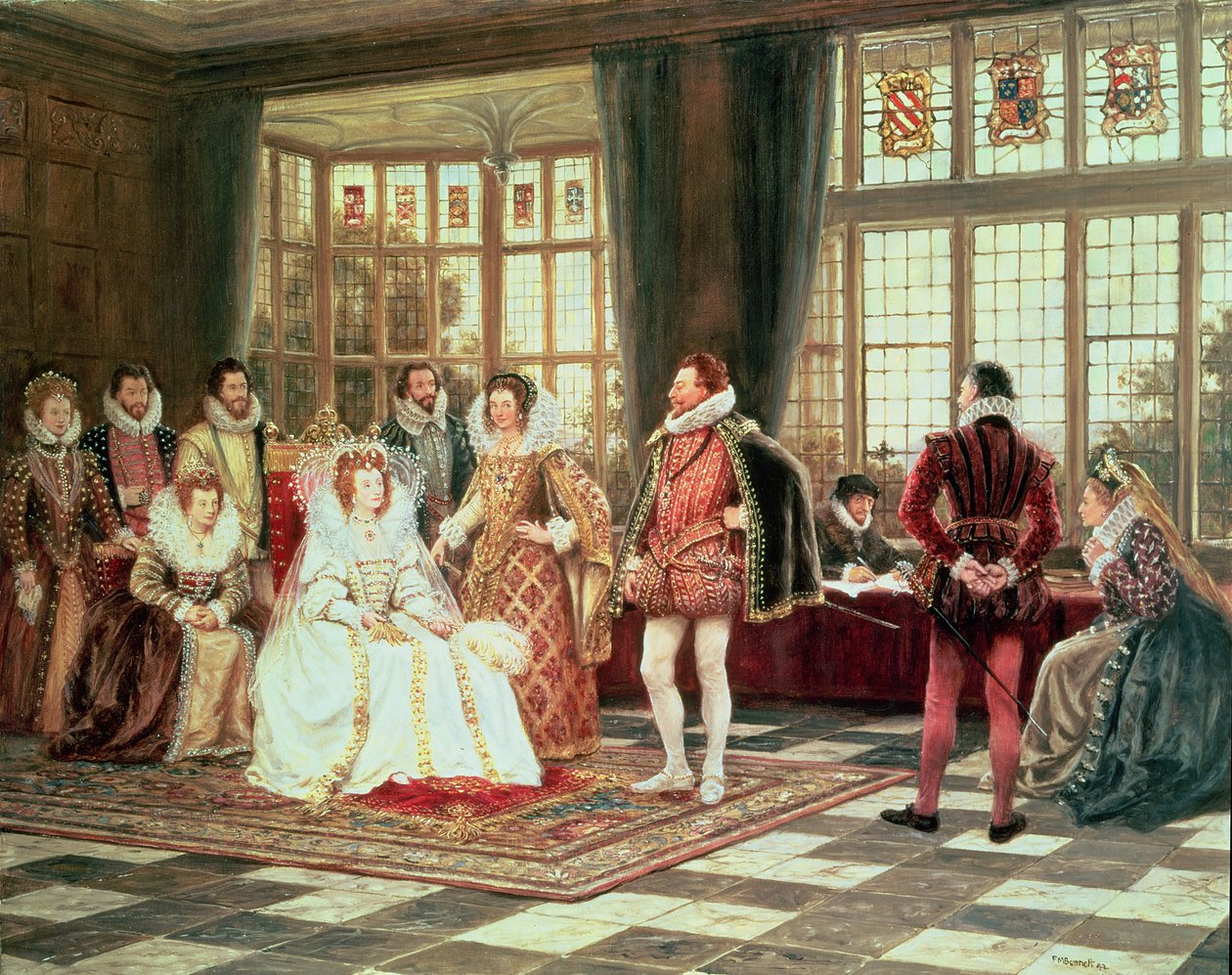 Rainha Isabel I (1533-1603) na corte de Frank Moss Bennett