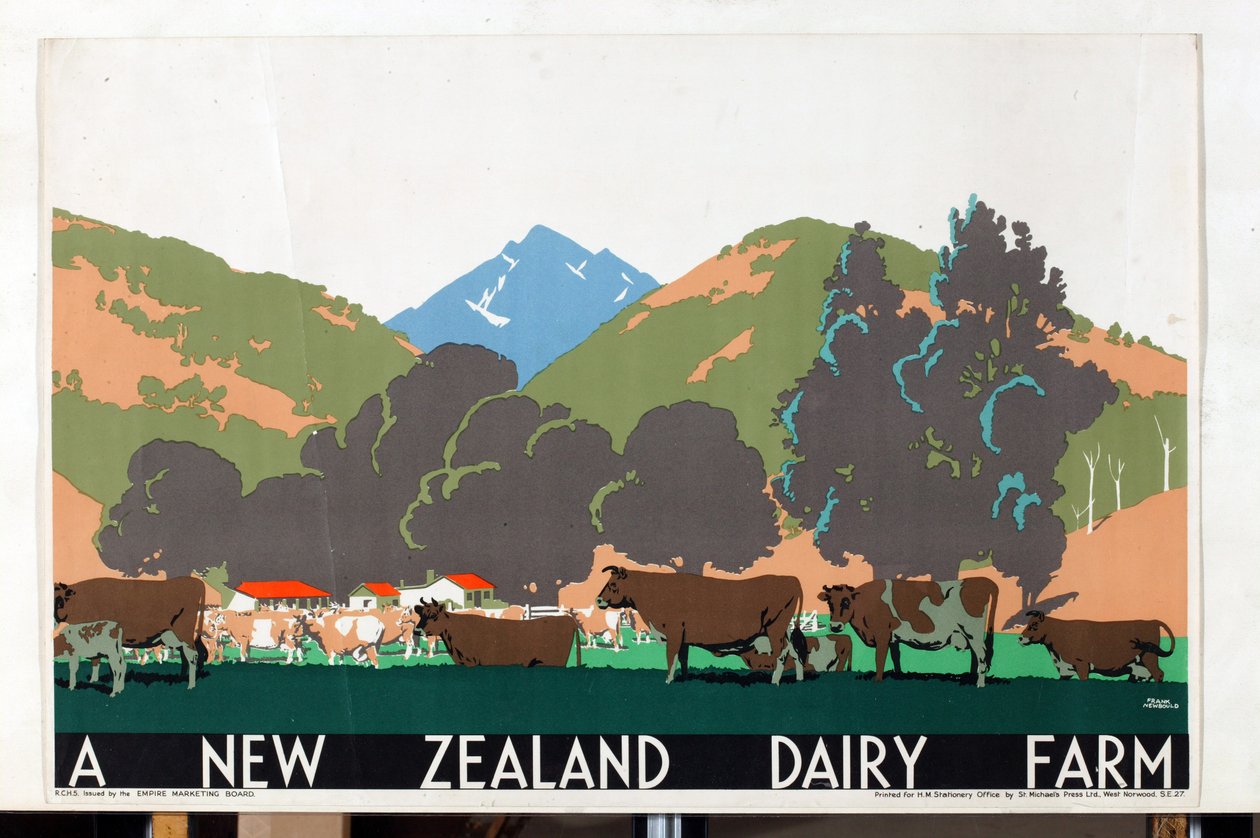 Uma exploração leiteira da Nova Zelândia, da série "Buy New Zealand Produce" [6319386] (litografia a cores) de Frank Newbould