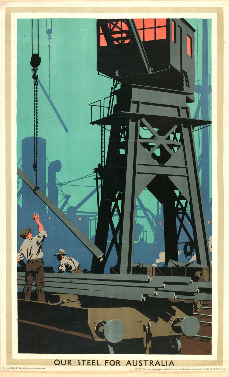 O nosso aço para a Austrália, da série "Empire Buying Makes Busy Factories" (litografia a cores) de Frank Newbould