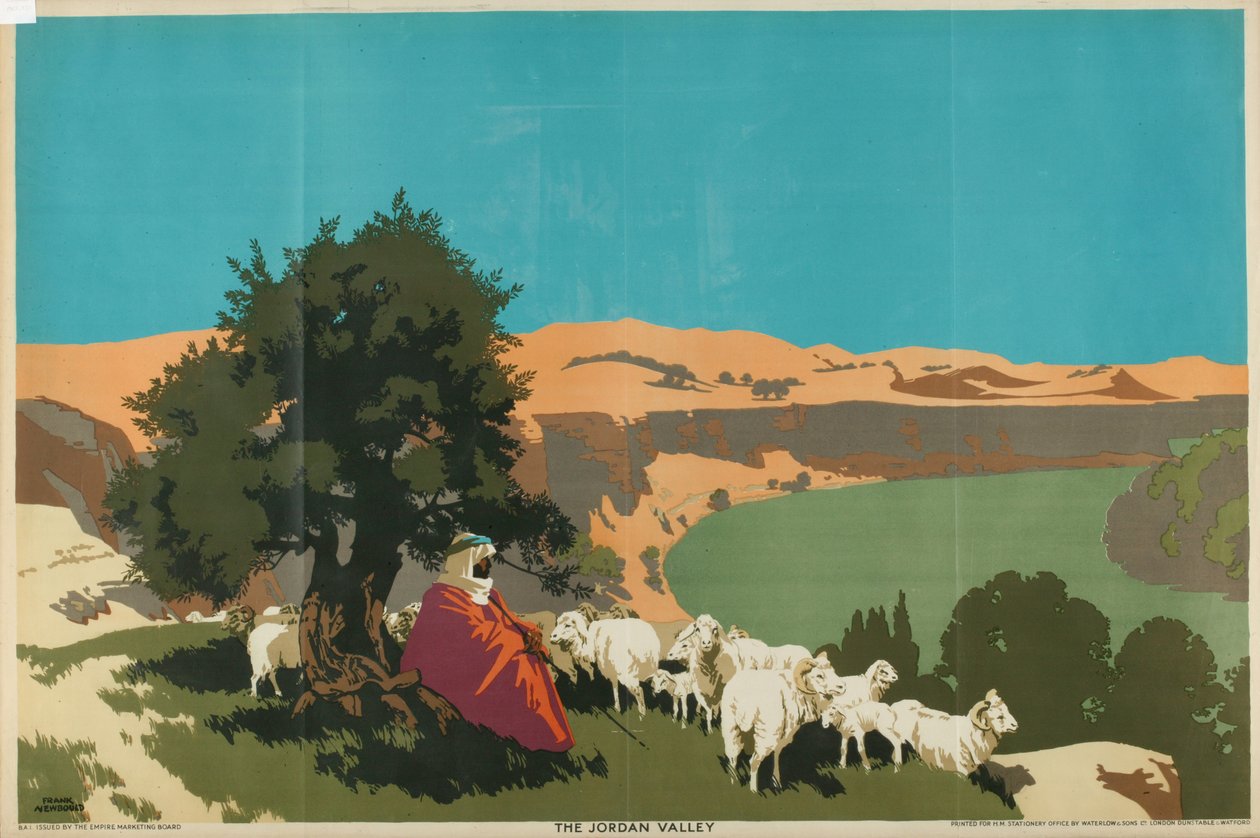 O Vale do Jordão, da série "Buy Jaffa Oranges" (litografia a cores) de Frank Newbould