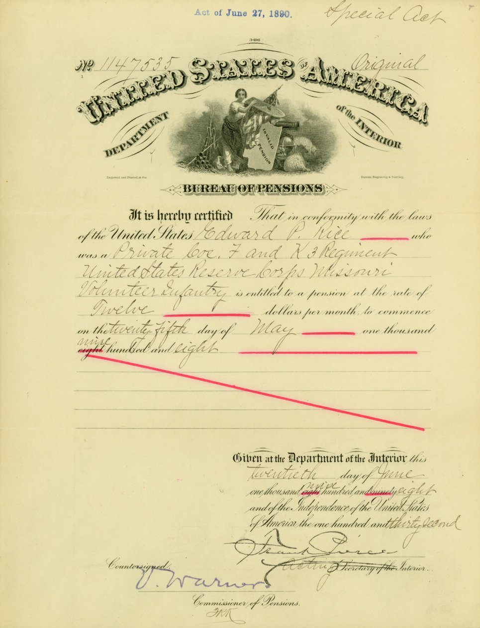Aviso de direito de pensão a Edward Parker Rice, 20 de Junho de 1908 de Frank Pierce