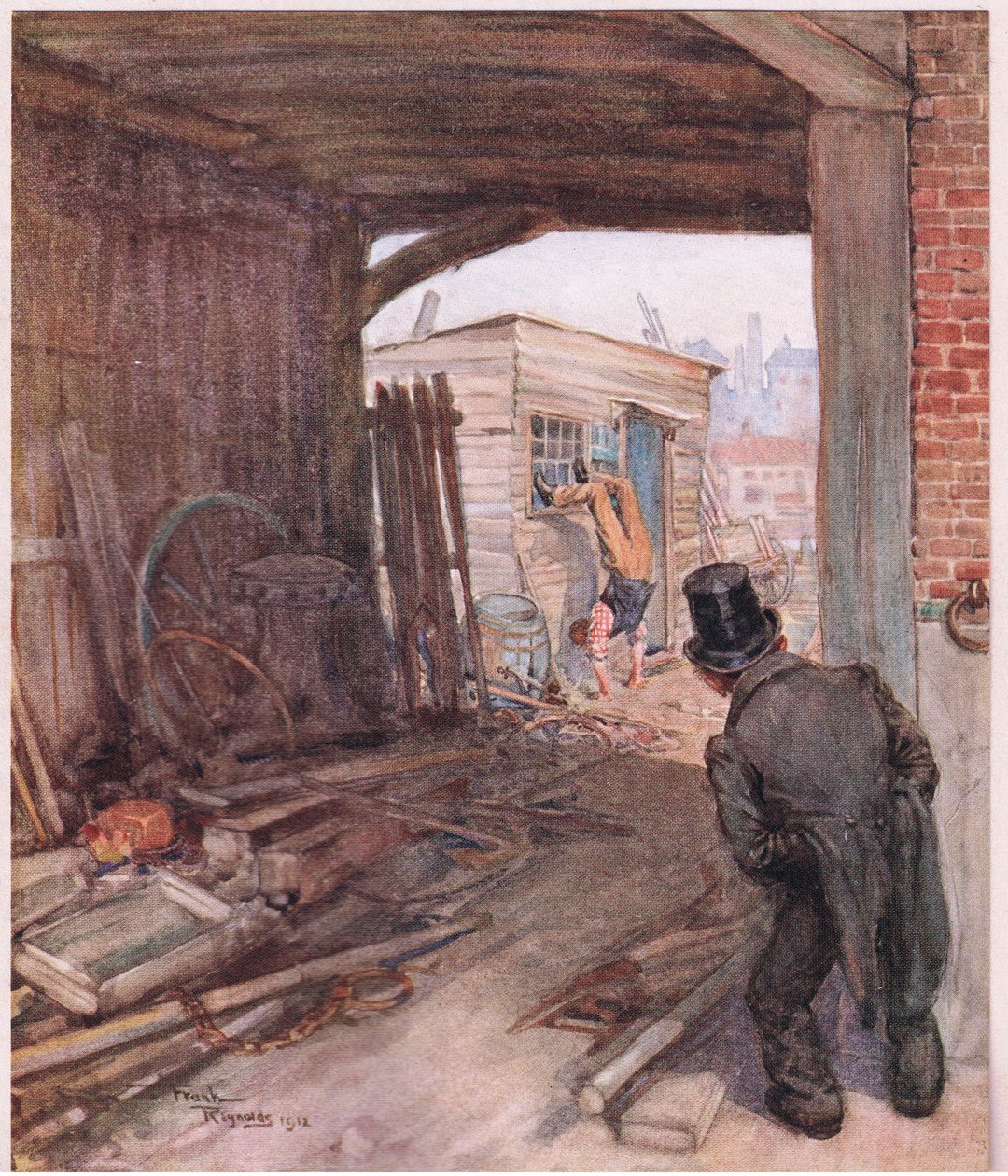 Chegado ao seu destino, o primeiro objeto que se apresentou à sua vista foi um par de pés muito imperfeitamente calçados no ar, c.1920 (litografia a cores) de Frank Reynolds