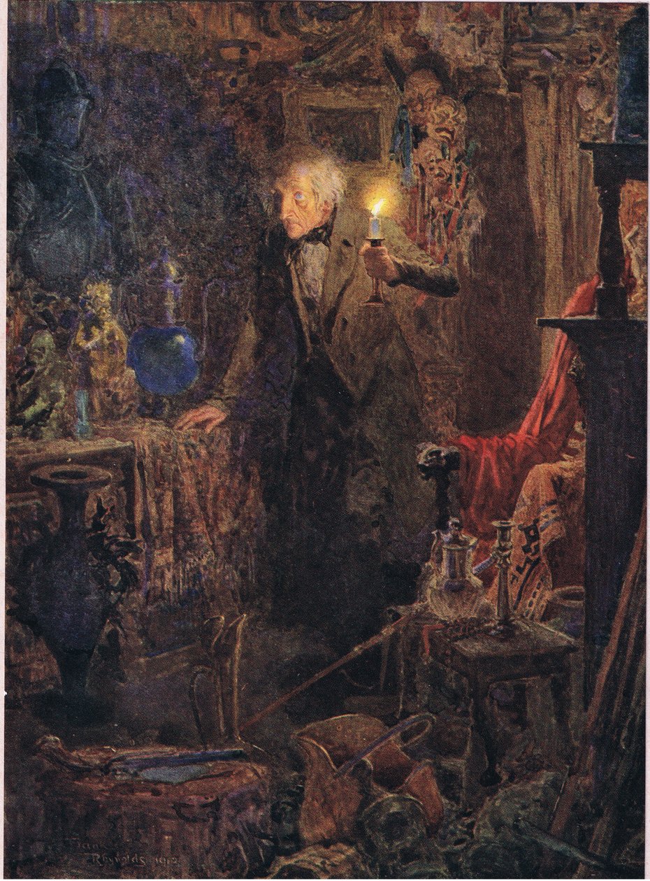 Era um velhinho, com longos cabelos brancos, cujo rosto e figura, enquanto segurava a luz acima da cabeça e olhava diante de si, c.1920 (litografia a cores) de Frank Reynolds