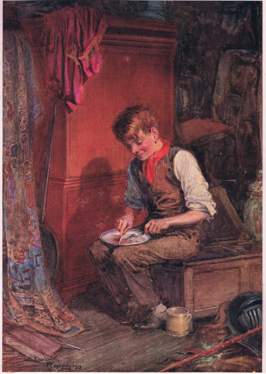 Kit carregou uma grande fatia de pão e carne para um canto e dedicou-se a comê-la com grande voracidade , c.1920 (litografia a cores) de Frank Reynolds
