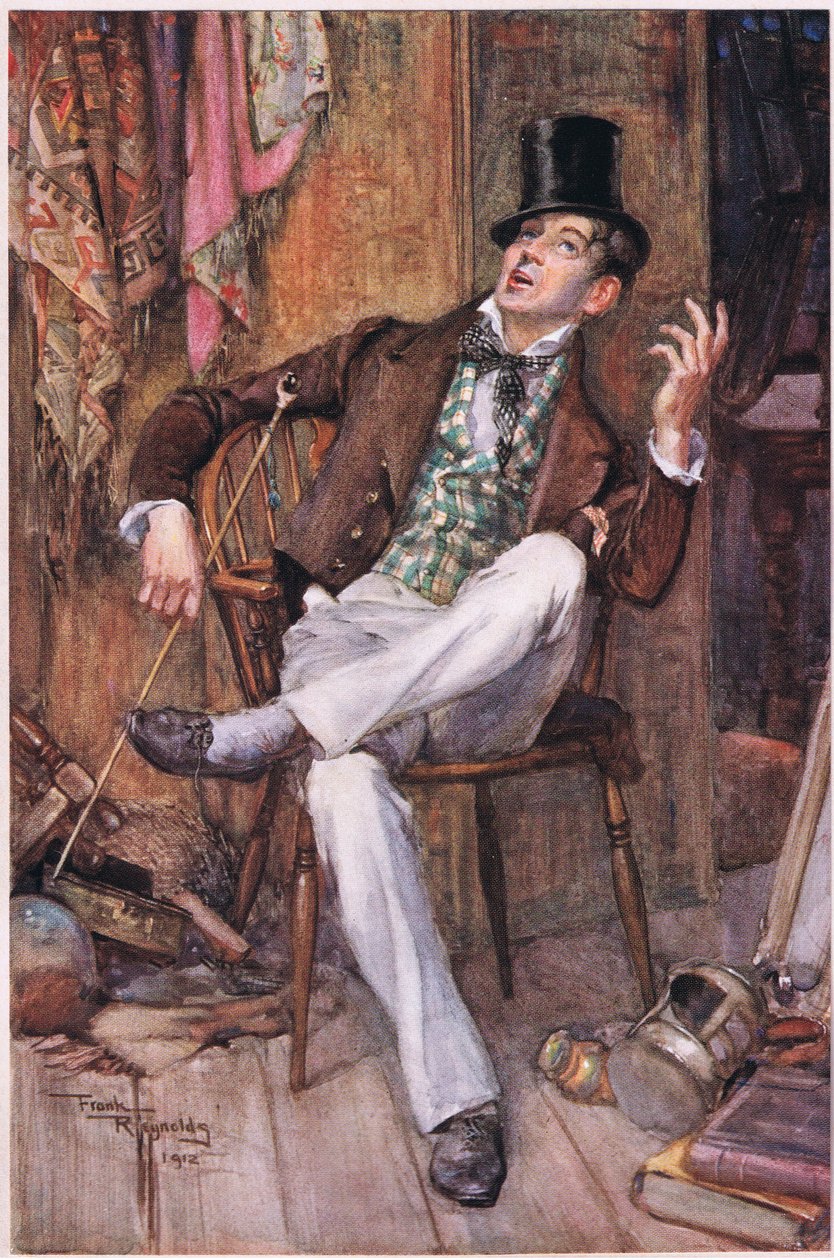 O Sr. Swiveller recostou-se na sua cadeira com os olhos fixos no teto e, de vez em quando, elevava a sua voz a um tom necessário, c.1920 (litografia a cores) de Frank Reynolds