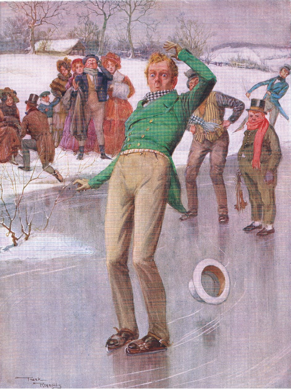 O Sr. Winkle no gelo (Pickwick Papers) (litografia a cores) de Frank Reynolds