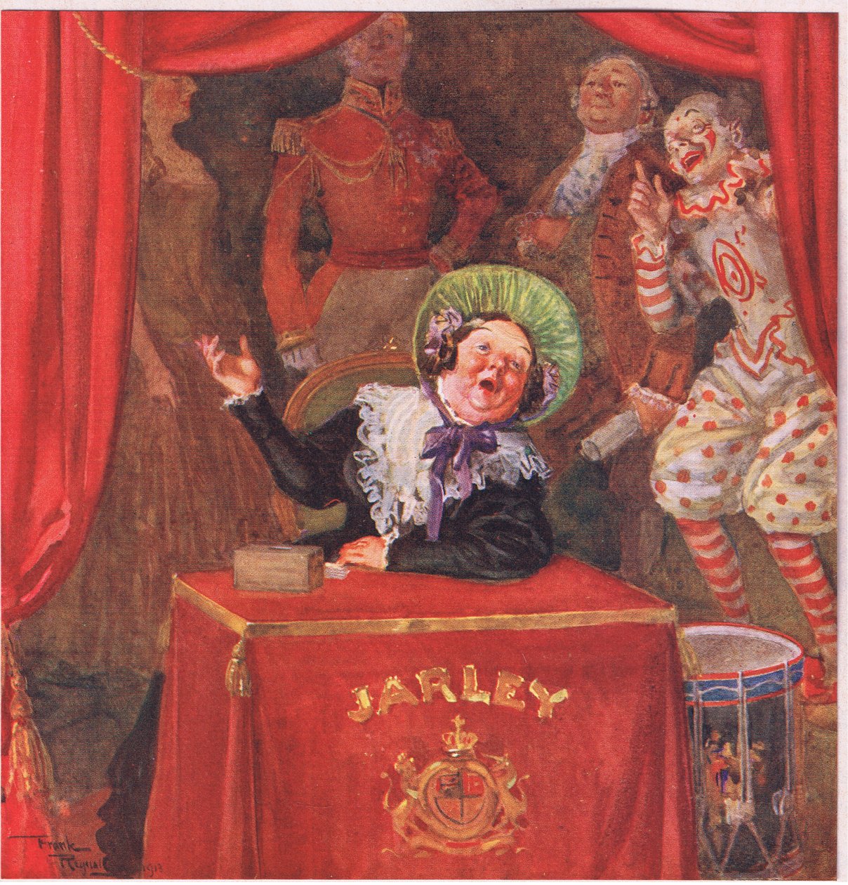 A Sra. Jarley sentada na caixa de pagamento, a trocar dinheiro de prata do meio-dia à noite, c.1920 (litografia a cores) de Frank Reynolds