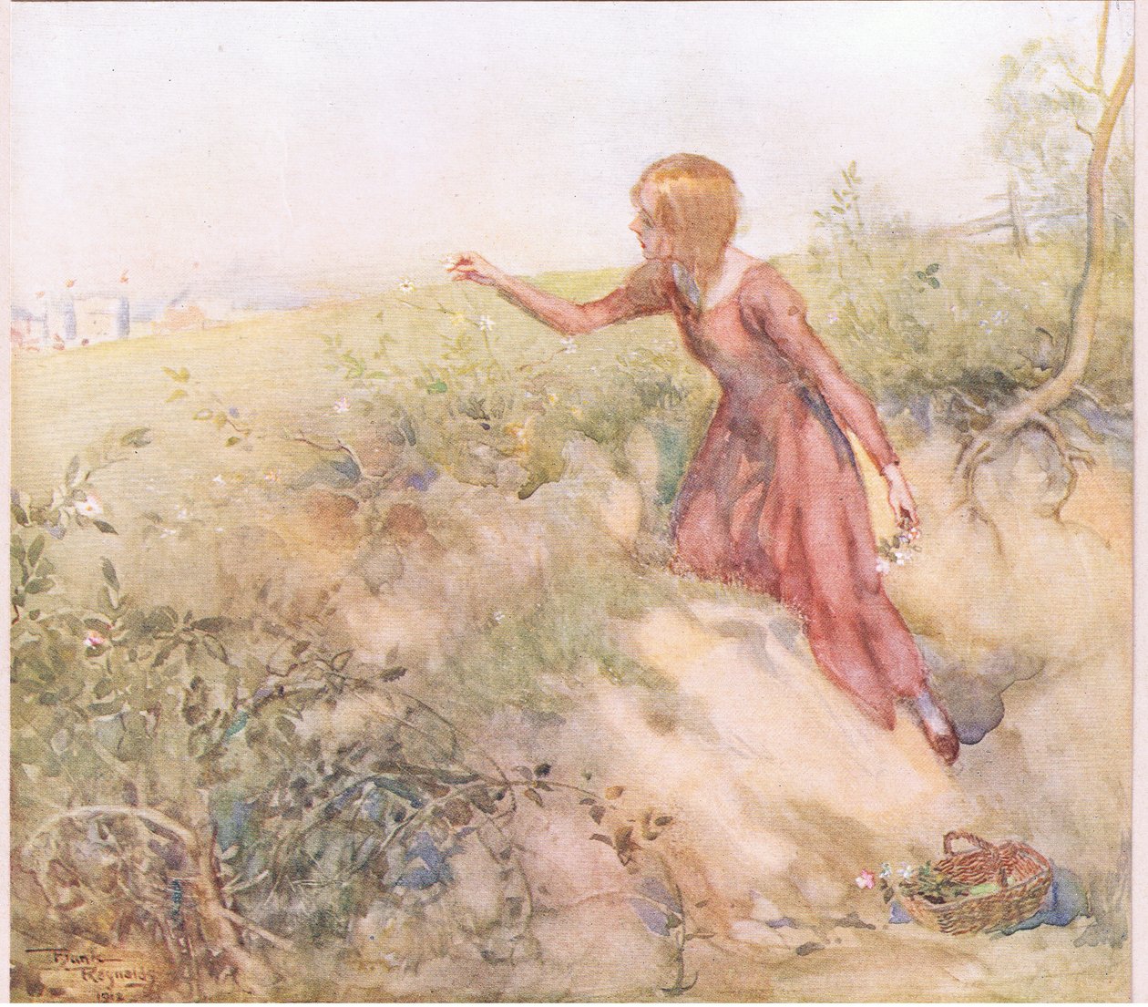 Pouco depois do nascer do sol, ela saiu da tenda e, caminhando por alguns campos a curta distância, colheu algumas rosas, c.1920 (litografia a cores) de Frank Reynolds