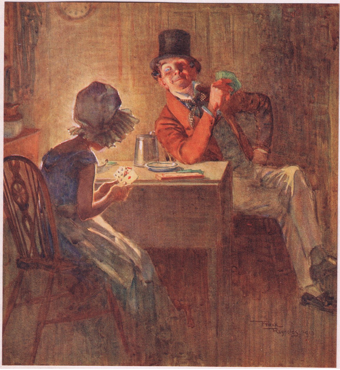 A marquesa segurando as cartas com as duas mãos, ponderando qual jogar, c.1920 (litografia a cores) de Frank Reynolds