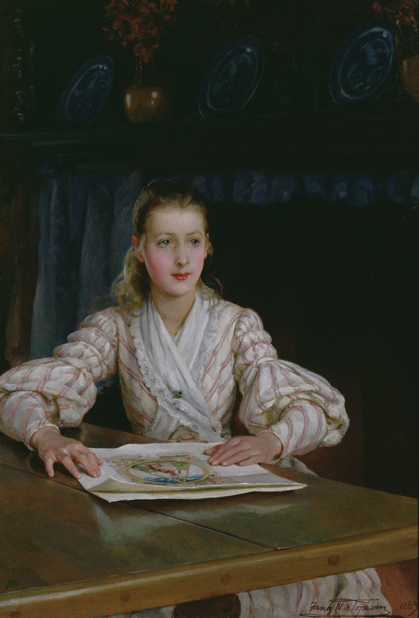 Menina jovem, olhar, um, impressão, 1889 de Frank William Warwick Topham