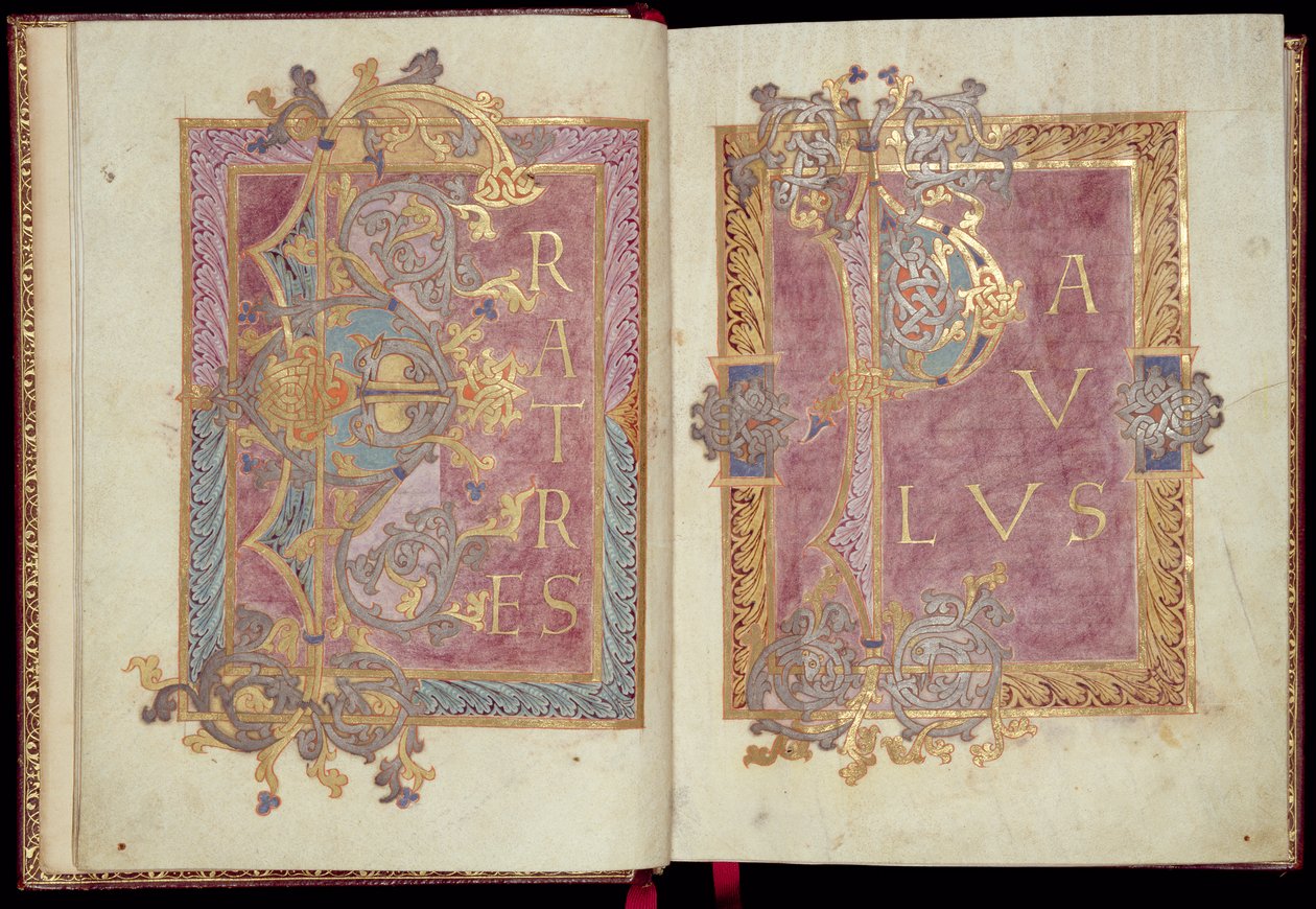 Ms McClean 30, ff.2v-3r: Páginas iniciais emolduradas com folhas de Acanthus, do epistolário de Reichenau, no final do século X (tinta dourada e têmpera sobre pergaminho) de Frankish School