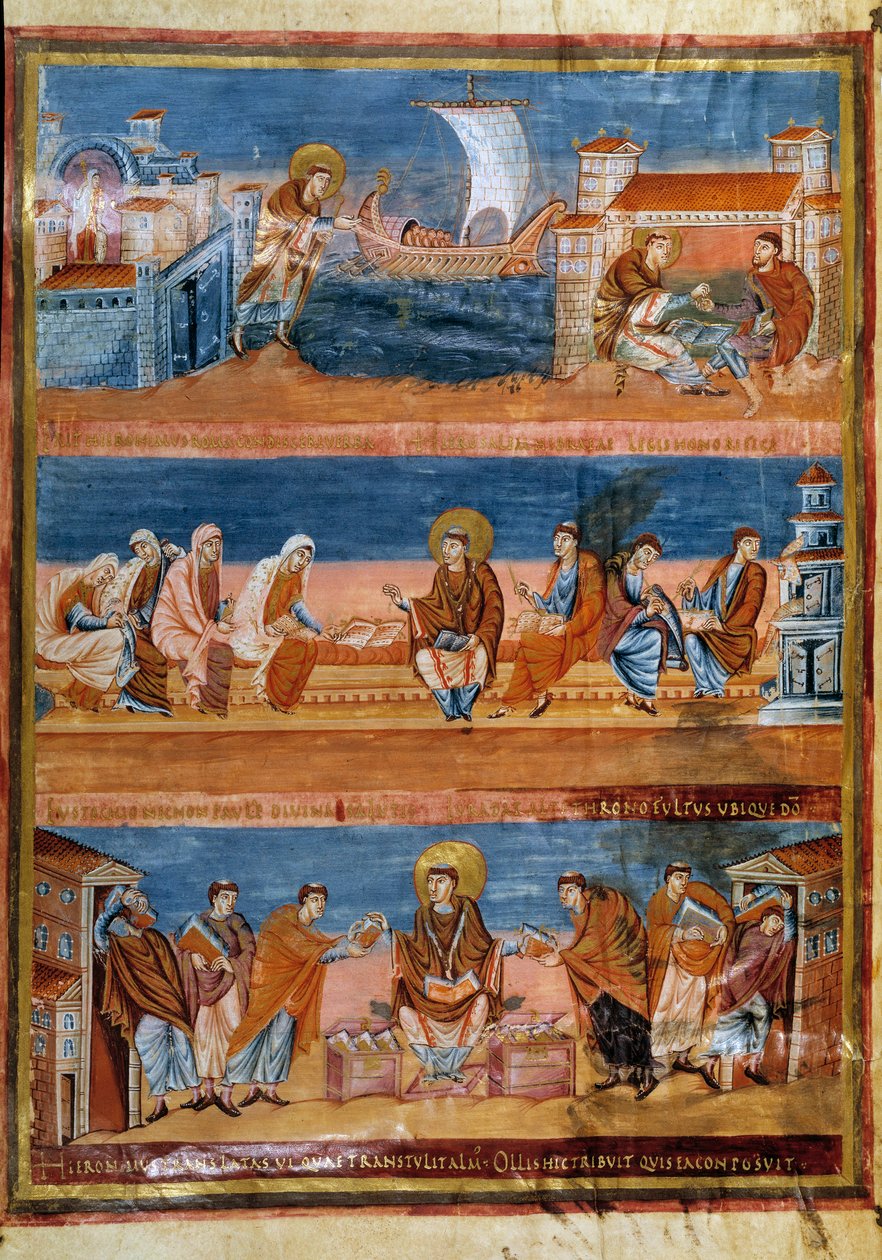 São Jerônimo deixa Roma e paga ao seu mestre em Jerusalém (topo), trabalha com os seus escribas (centro) e distribui a Vulgata (fundo). Miniatura em "Primeira Bíblia de Carlos o Careca, também conhecida como Bíblia de Vivien" (Folio 3v), 845-846. BN, Pari de Frankish School