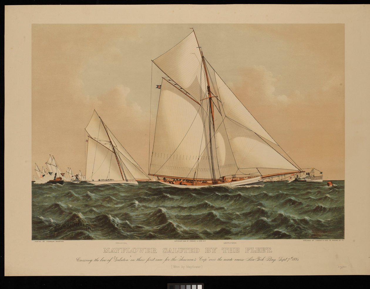 Mayflower saudado pela frota. Cruzando a proa da Galatea na sua primeira corrida para a America