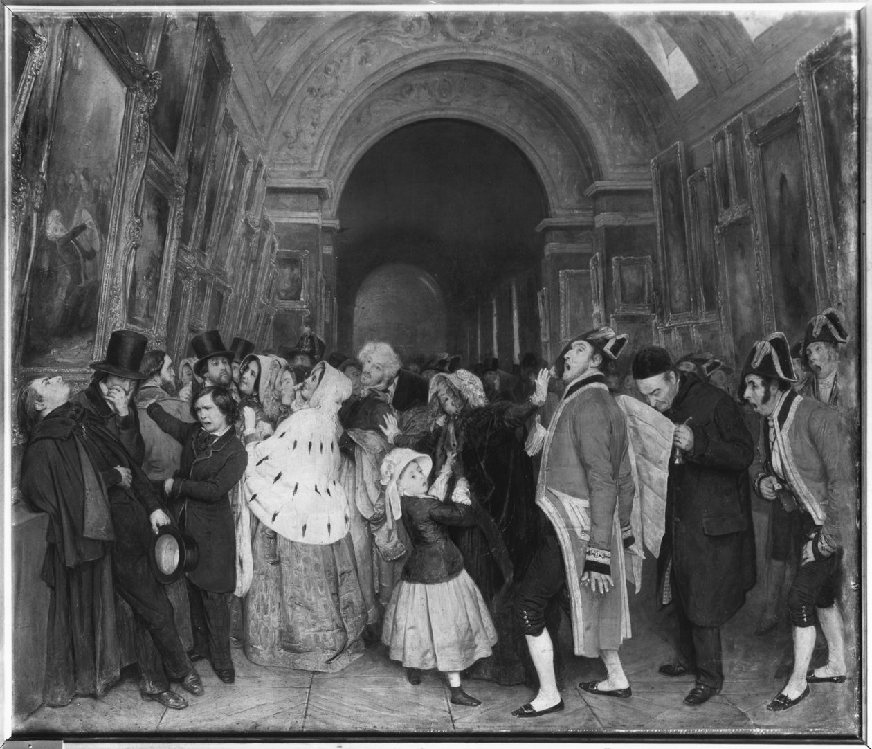 Quatro horas, conhecido também como Encerramento do Salão de Pintura anual parcialmente instalado na Galeria Grande do Louvre, c.1847 de François Auguste Biard