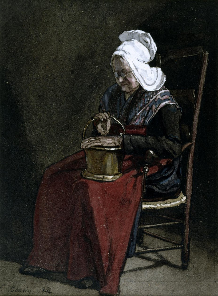 Mulher velha com latão, 1862 (wc, caneta e tinta sobre papel) de François Bonvin
