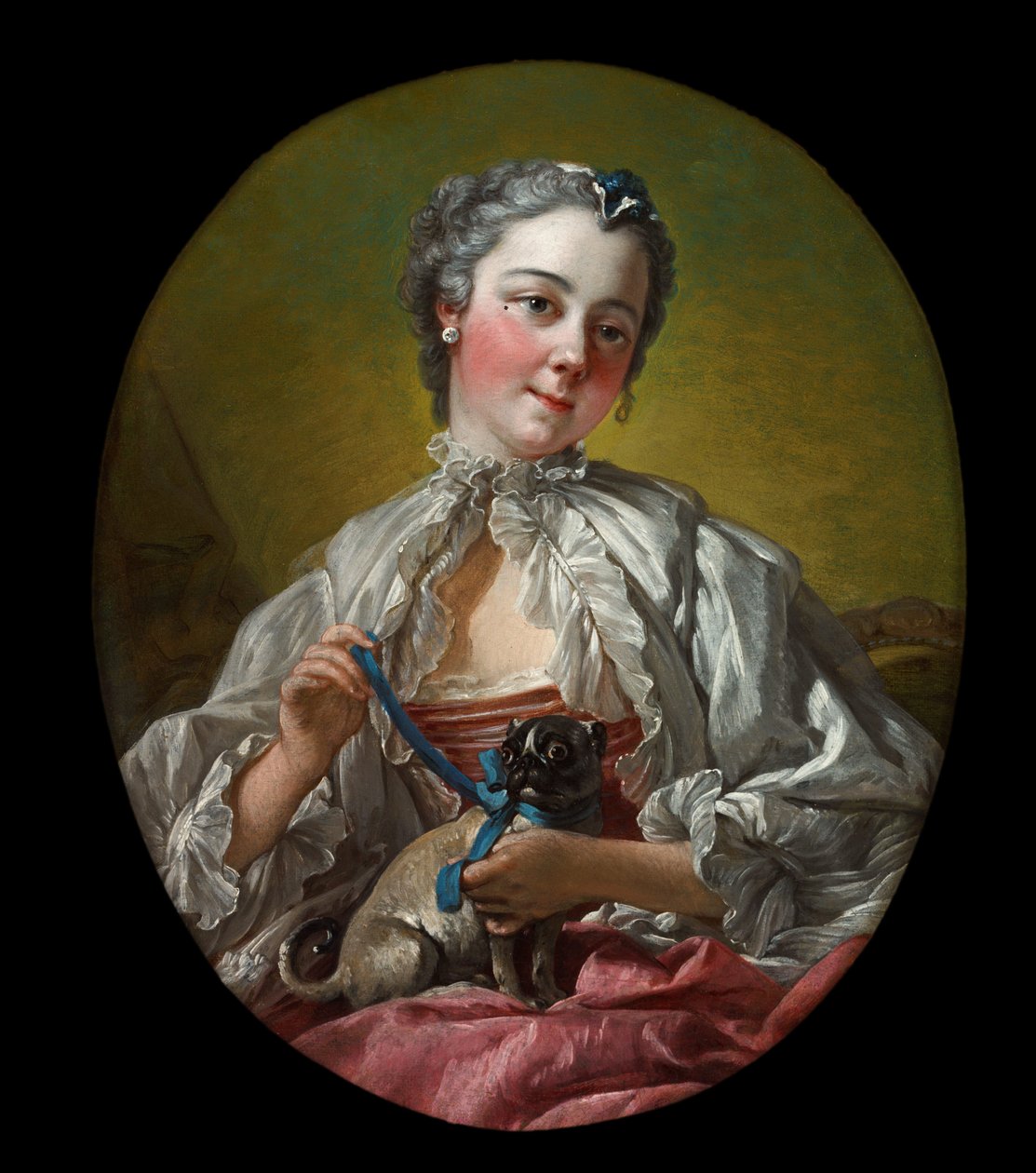 Um, senhora jovem, segurando, um, pug caçam de François Boucher