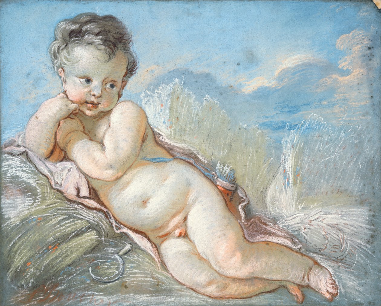 Cupido reclinado em um milharal (giz e pastel) de François Boucher