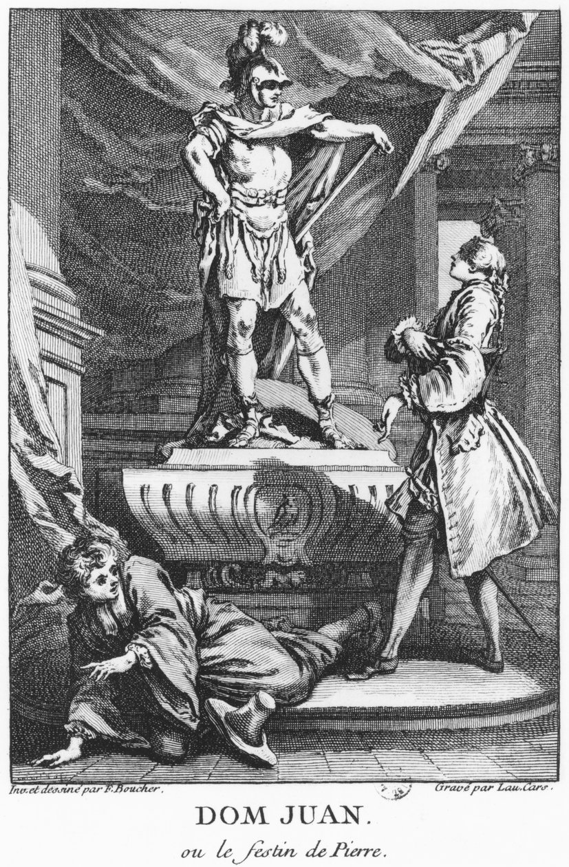 Don Juan e o Commendatore, ilustração de &39;Don Juan, ou Le Festin de Pierre&39; de Jean-Baptiste Poquelin (1622-1673) conhecido como Molière, gravado por Laurent Cars (1699-1771) 1770 (bw pho de François Boucher