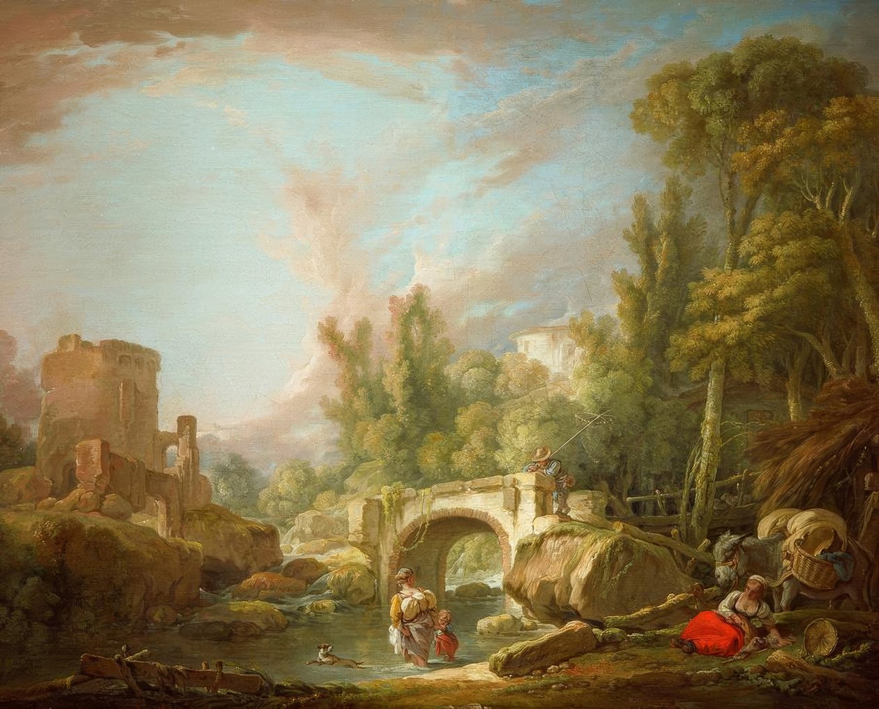 Paisagem do rio com ruína e ponte de François Boucher