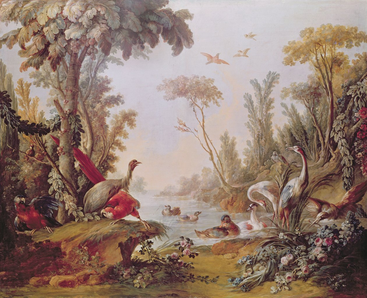 Lago com gansos, cegonhas, papagaios e garças, do salão de Gilles Demarteau (1722-76) c.1750-65 de François Boucher