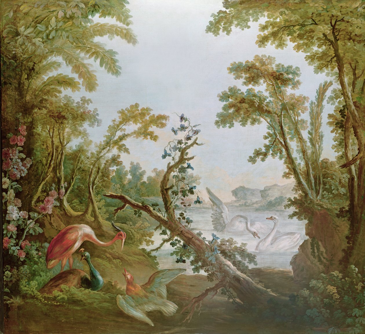 Lago com cisnes, um flamingo e vários pássaros, do salão de Gilles Demarteau, c.1750-65 de François Boucher