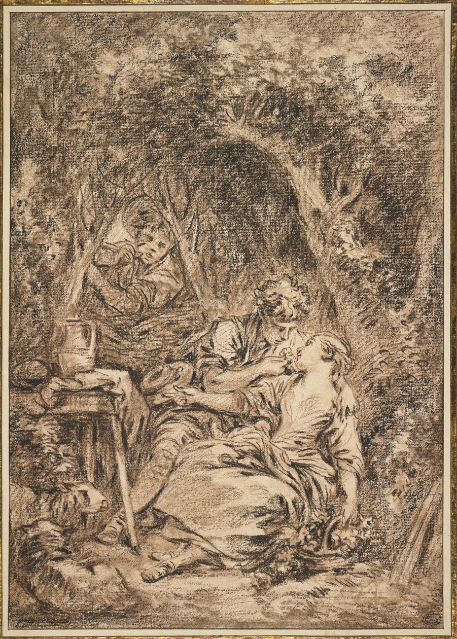 Lovers Surprised (Annette et Lubin), início da década de 1760 (giz preto e marrom, toques de marrom) de François Boucher