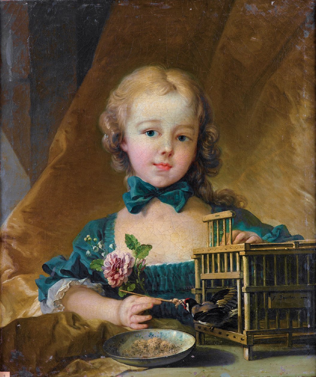Retrato, de, alexandrino, a, Normant, deiolles, tocando, com, um, goldfinch de François Boucher